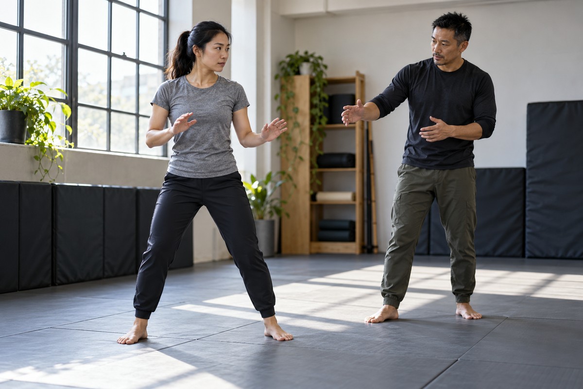 Balance and Movement: The Foundations of Practical Self-Defense Student practicing balance and positioning with an instructor on a padded floor.
