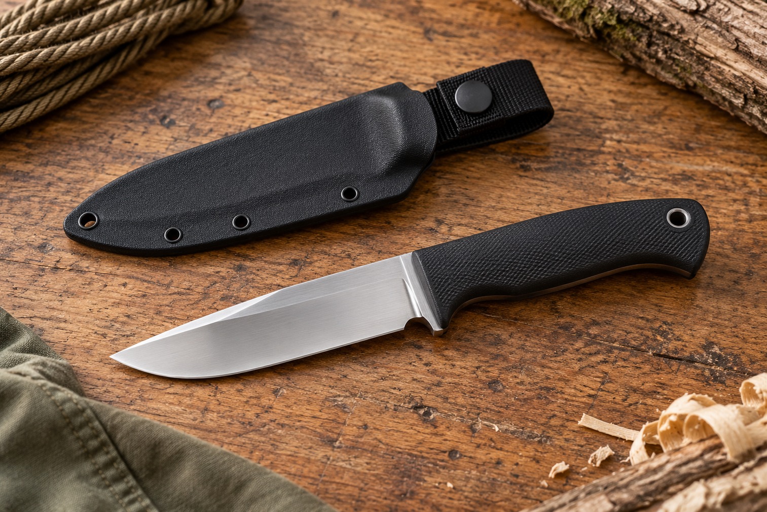 Stainless steel utility knife with a dark textured handle and protective sheath resting on a wooden surface.