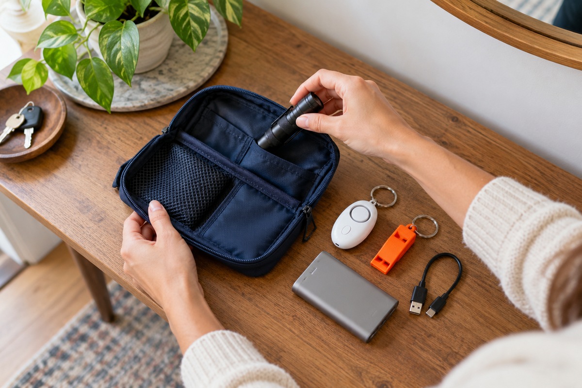 Build an Everyday Safety Kit You Will Actually Carry Hands packing a flashlight beside a personal alarm, whistle, power bank, and cable in an everyday safety kit.