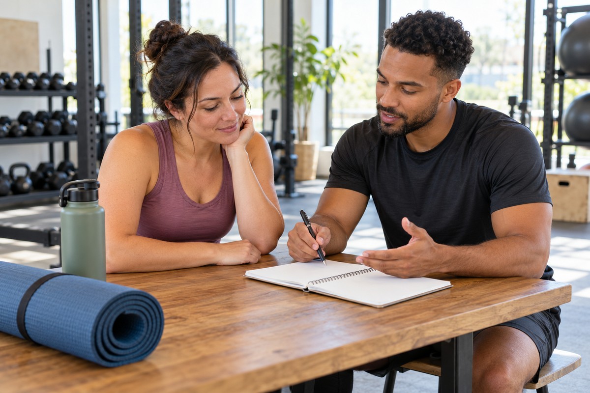 Building a Training Routine You Can Actually Maintain Woman and fitness coach planning a training routine in a notebook.