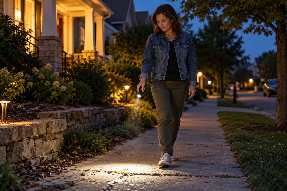 Choosing a Flashlight for Everyday Personal Safety Woman illuminating an uneven sidewalk with a compact flashlight at dusk.