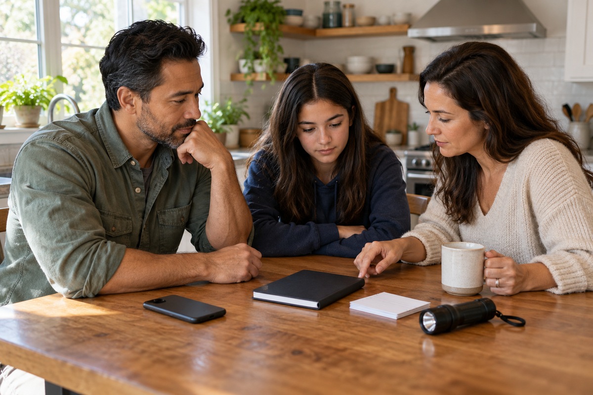 Create a Household Emergency Communication Plan That Works Offline Household discussing an emergency communication plan at a kitchen table.