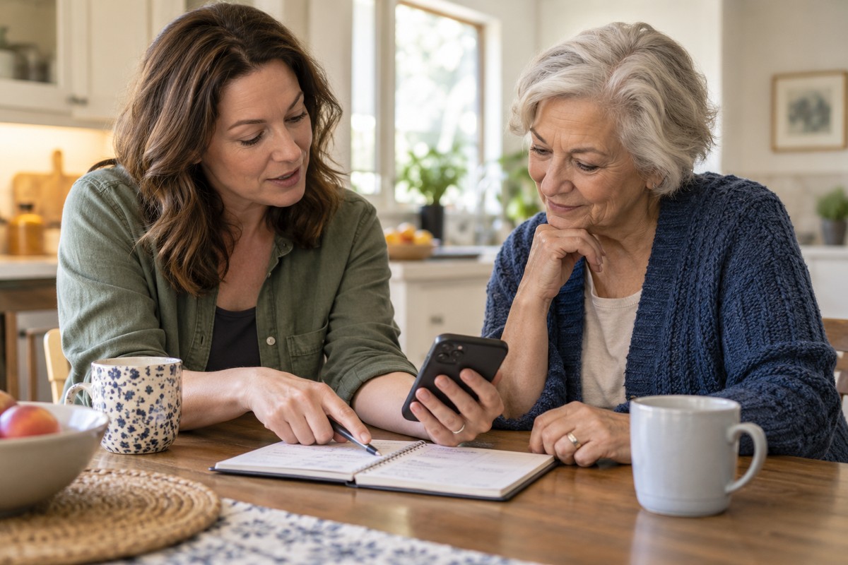 Creating a Personal Safety Check-In Plan Two women discussing an outing with a phone and notebook.