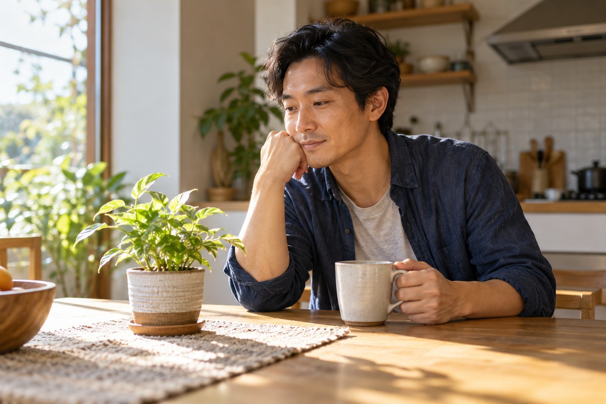 Finding a Calm Pause: Everyday Grounding Without Pressure Man noticing a potted plant while holding a mug at a sunlit kitchen table.