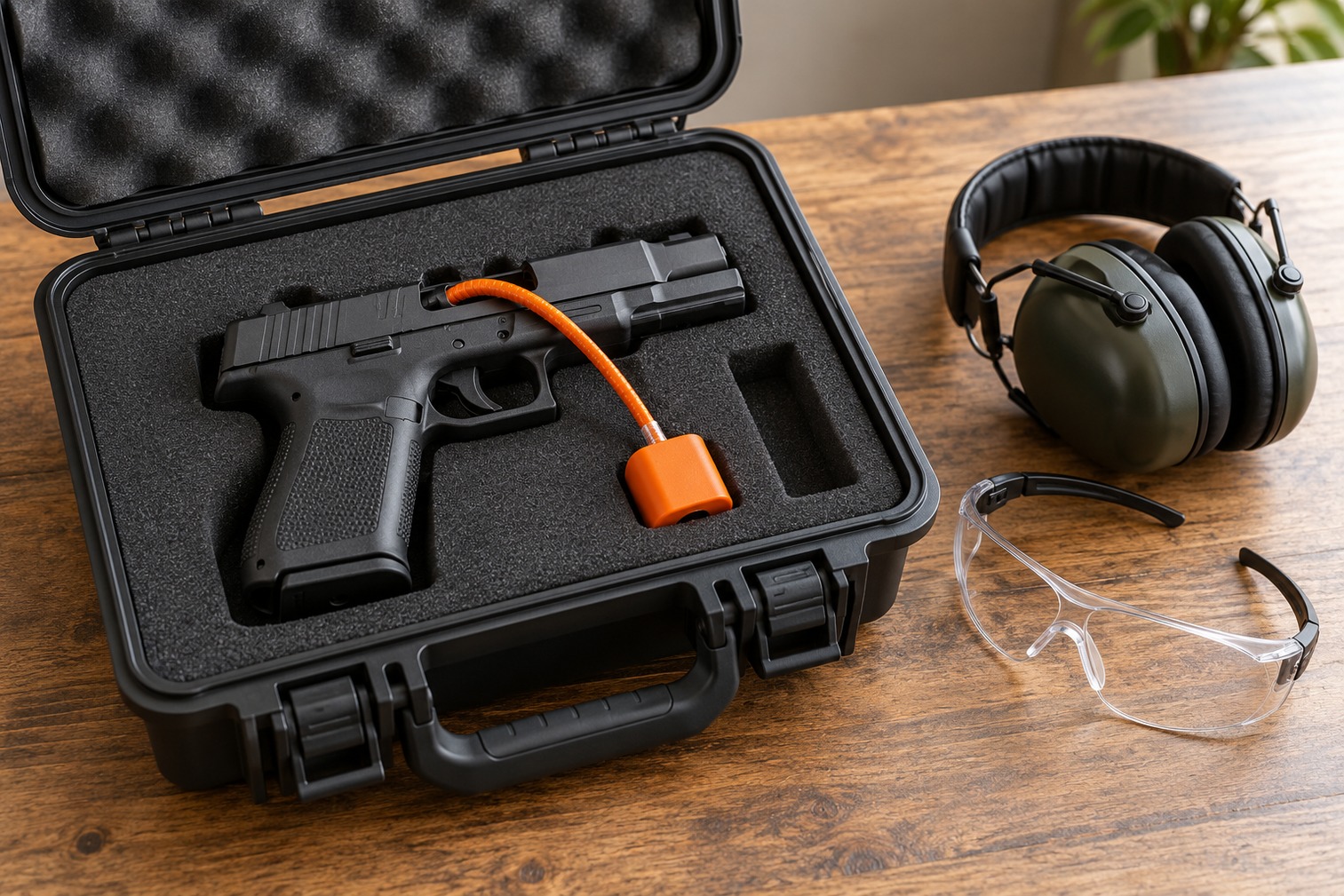 Handgun with an orange cable lock in an open protective case beside safety glasses and hearing protection.