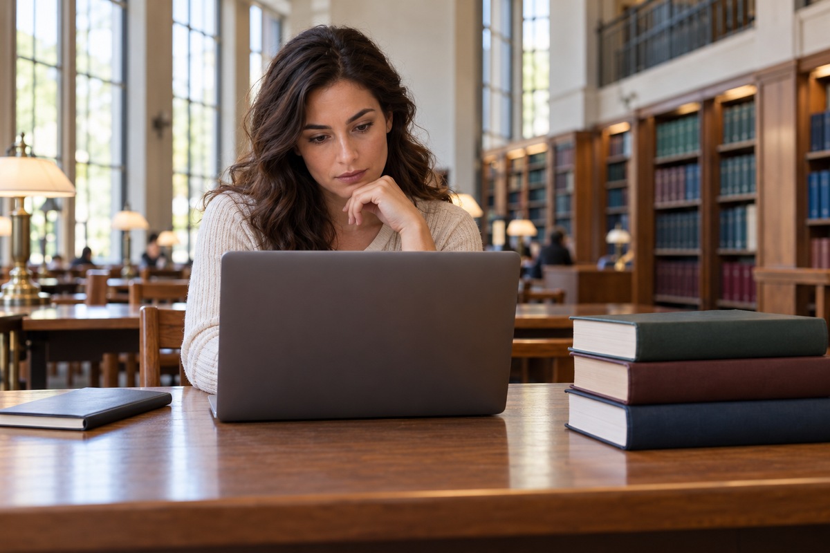 Woman researching legal information in a library.