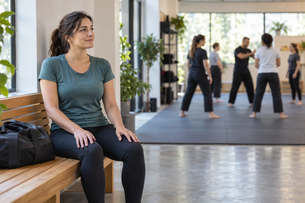Woman taking a calm pause on a studio bench, with her hands resting separately on her thighs, while observing a beginner class.