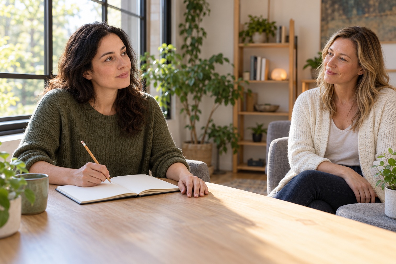 Woman reflecting with a blank notebook while a facilitator listens in a calm, naturally lit room.