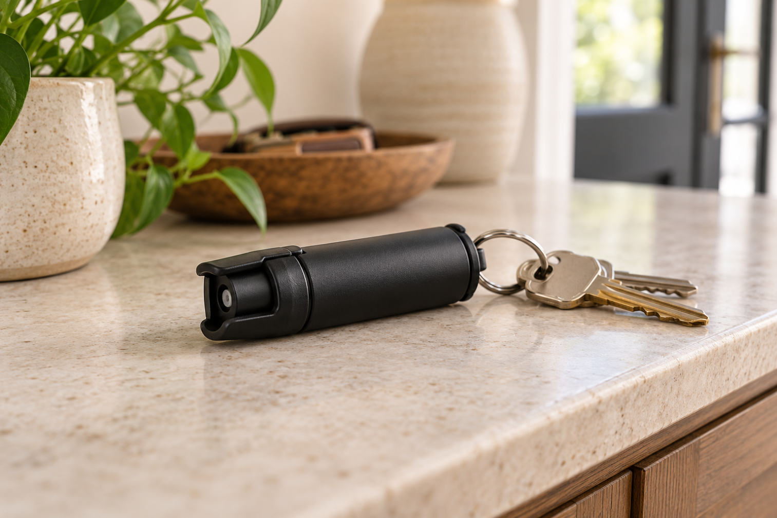 Compact black pepper spray canister attached to house keys resting on a stone entryway console.