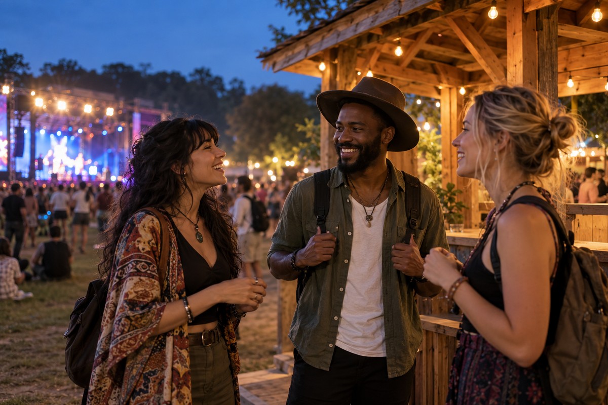Three friends meeting beside a pavilion at an evening festival.