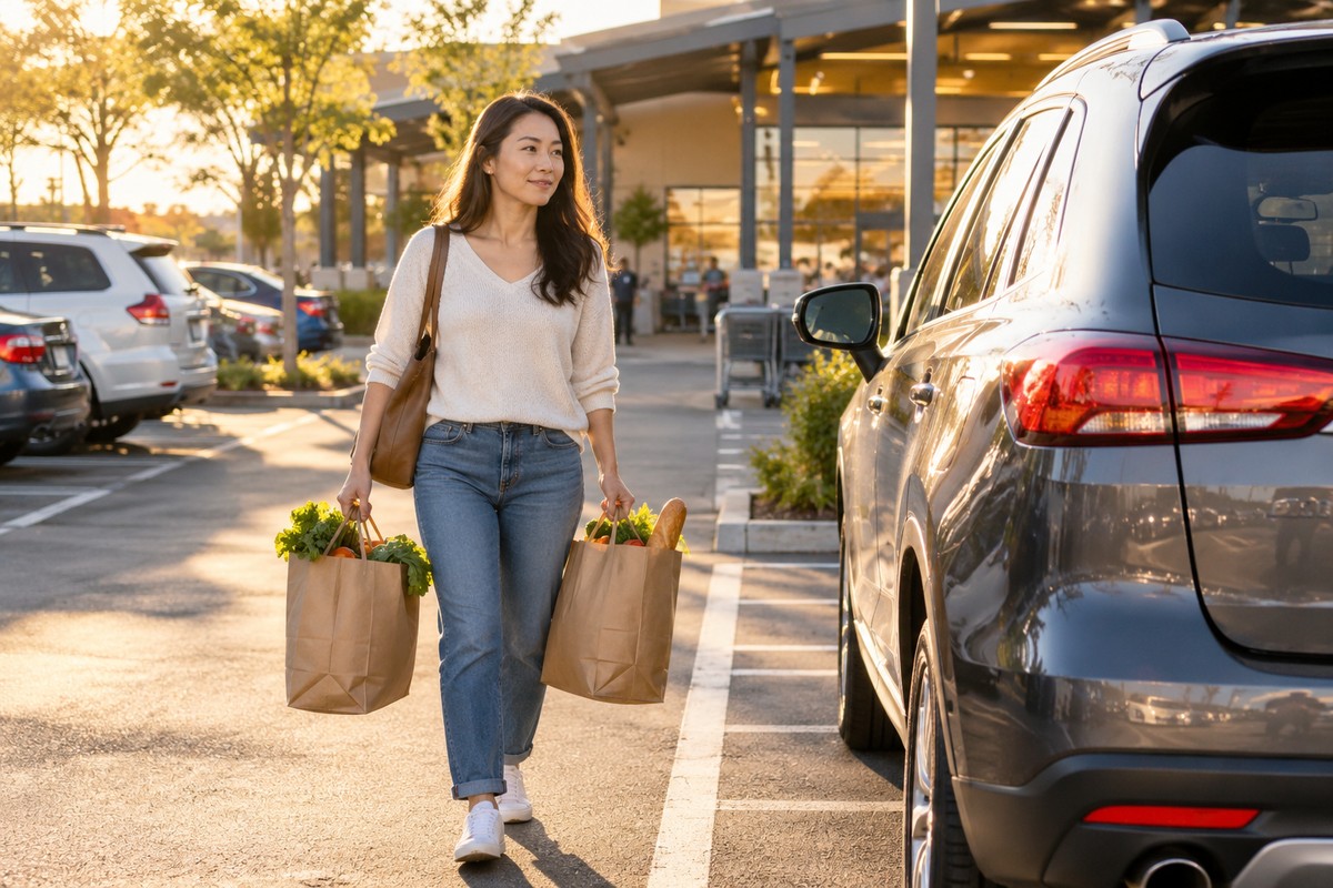 Woman approaching a parked car with grocery bags.