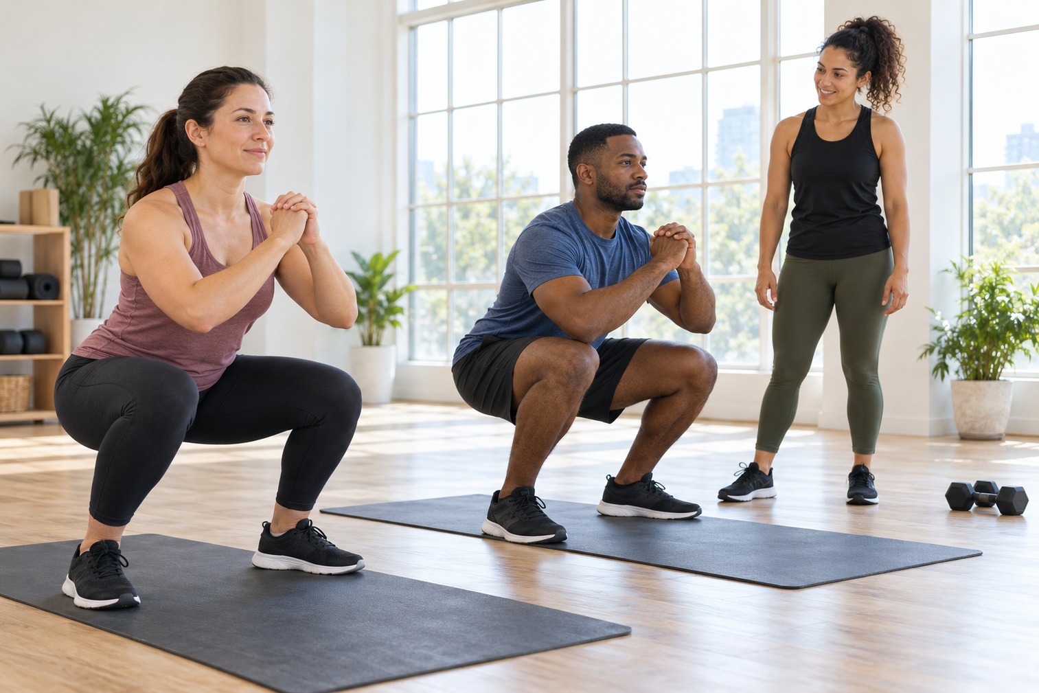 Two adults practicing bodyweight squats on exercise mats while a trainer observes in a bright fitness studio.