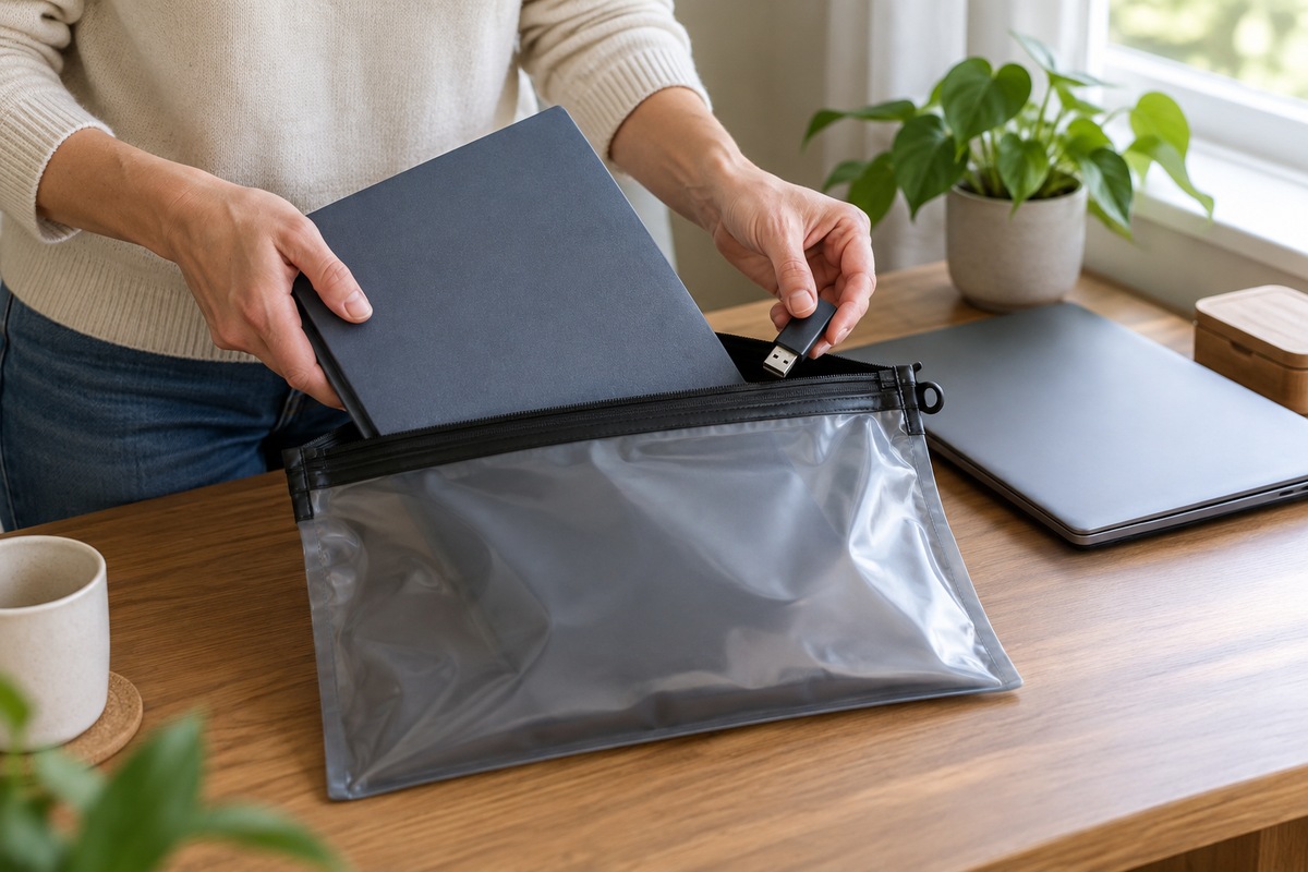 Hands placing a document folder and USB drive into a protective pouch.