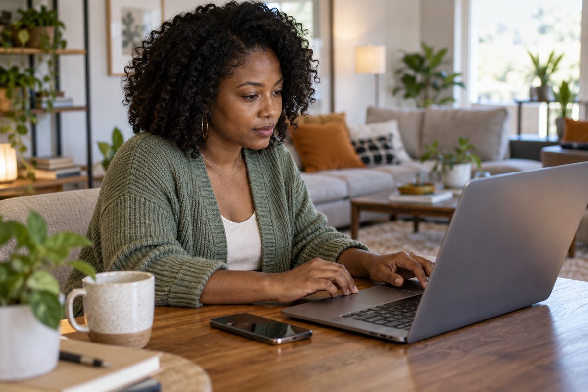 Protecting Your Personal Information Before It Becomes a Safety Problem Woman reviewing a laptop at home.