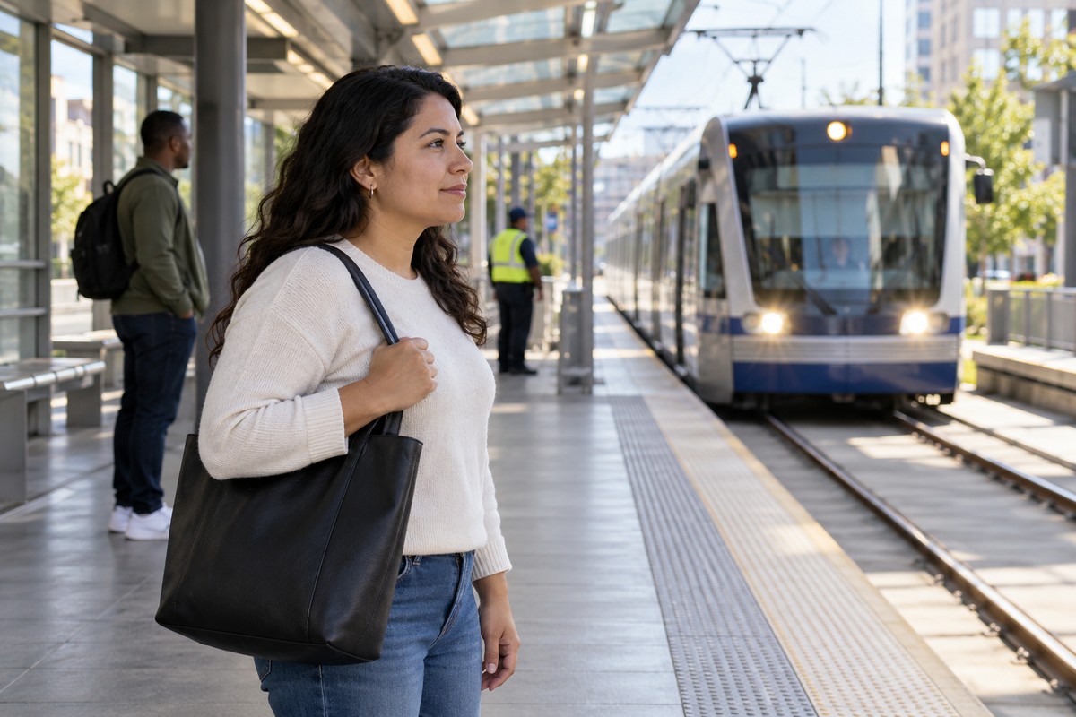 Woman waiting on a well-lit tram platform.