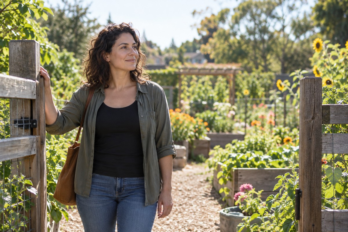 Woman pausing at the entrance to a sunlit community garden.