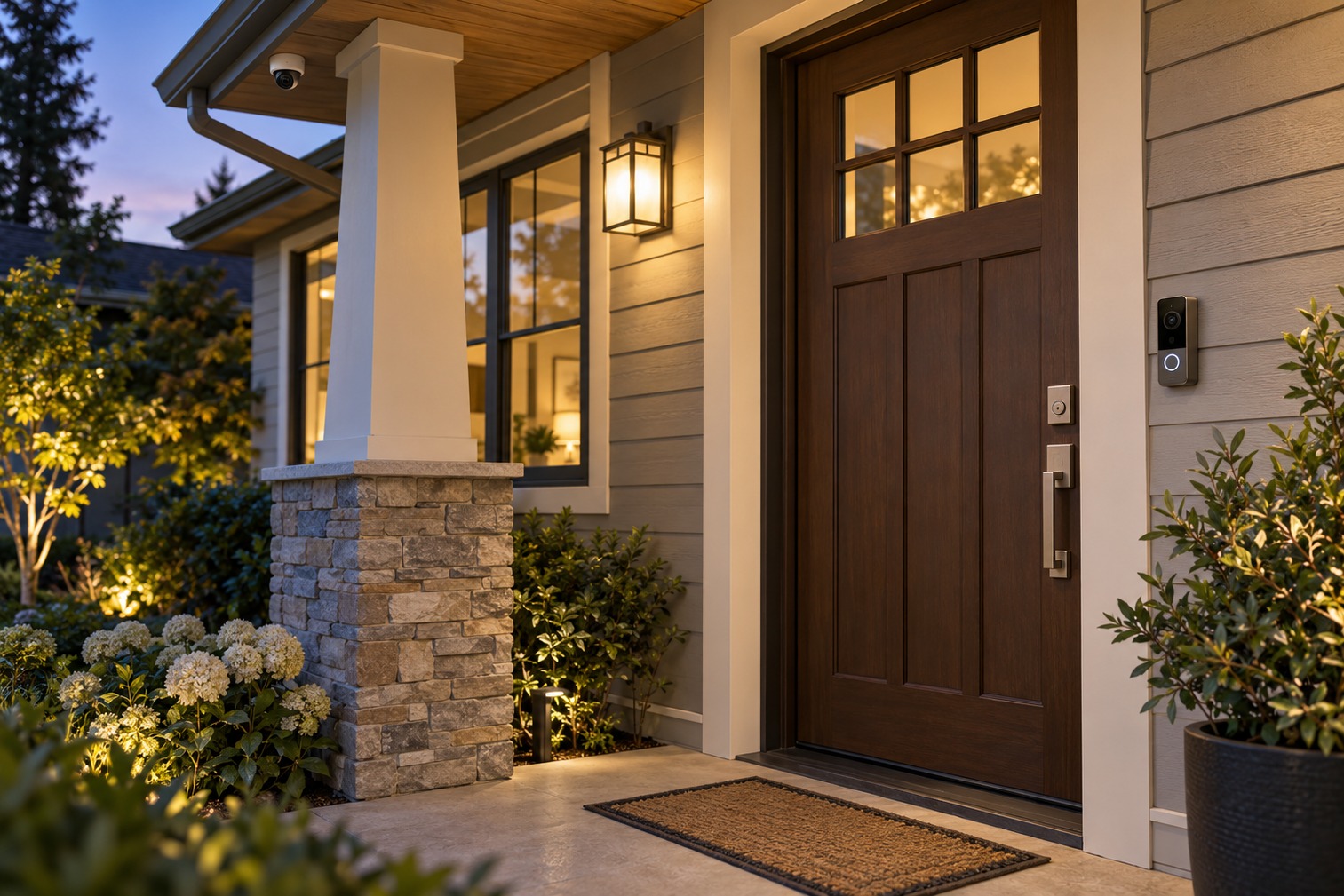 Home entrance at dusk with a video doorbell, deadbolt, porch lighting, and an outdoor security camera.