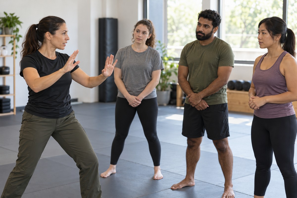 Self-Defense for Beginners: Protect Your Options First Instructor demonstrating an open-hand posture to adult self-defense beginners.