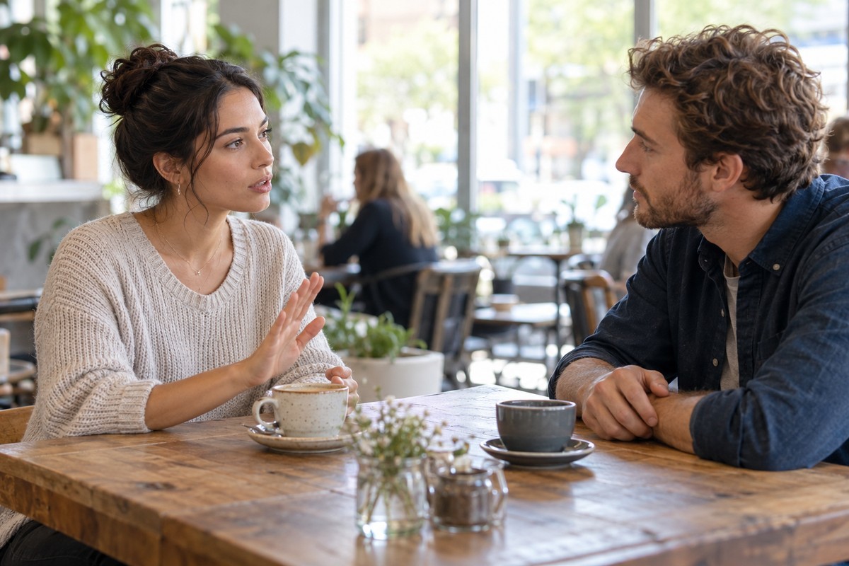 Setting Personal Boundaries in Everyday Situations Woman expressing a boundary during a calm café conversation.