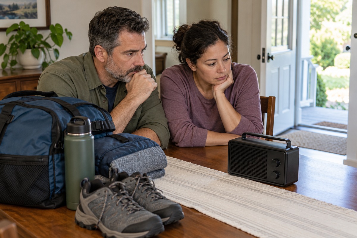 Two adults listening to a portable radio beside evacuation supplies.
