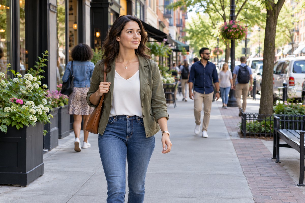 Situational Awareness Without Living in Fear Woman looking ahead while walking along a daylight city sidewalk.