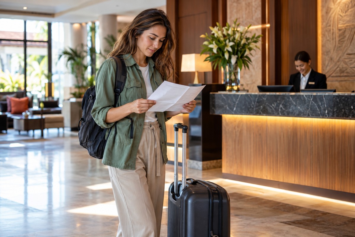 Solo Travel Safety: Prepare Well and Keep Your Options Open Solo traveler checking an itinerary in a hotel lobby.