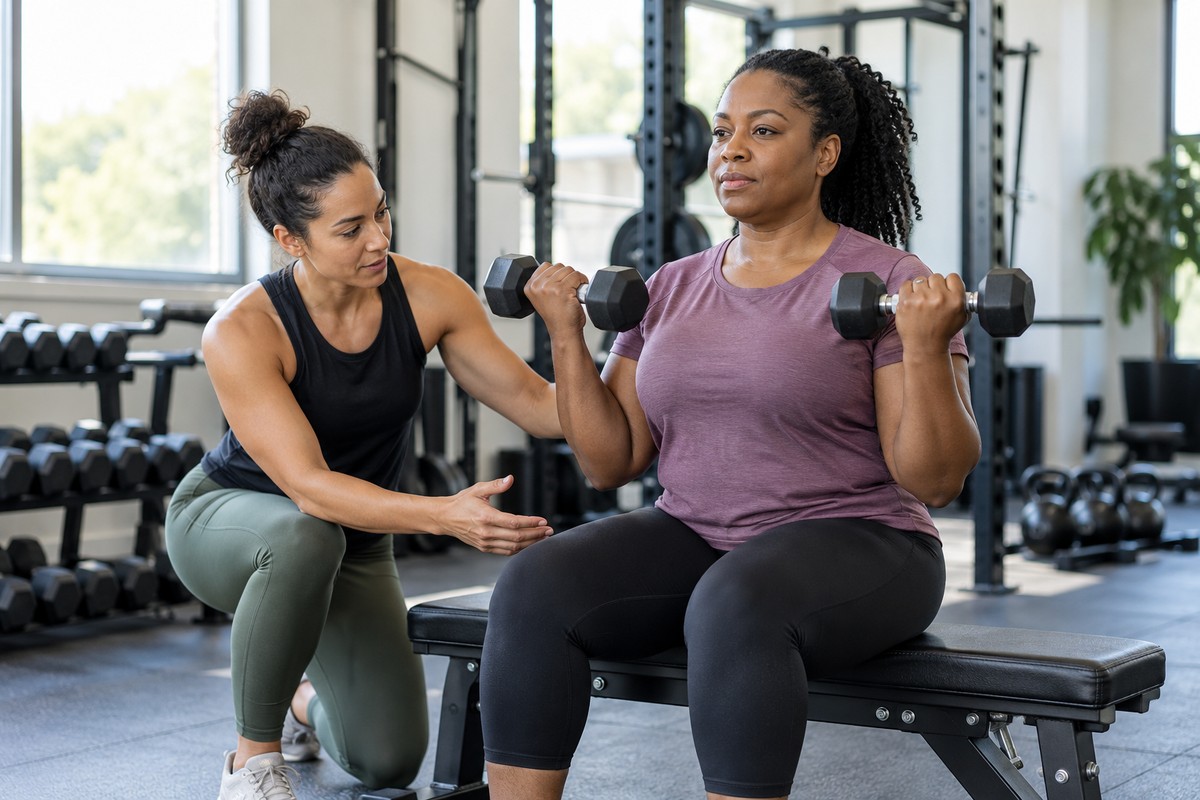 Strength Training for Everyday Readiness Woman performing a controlled dumbbell exercise with a coach.