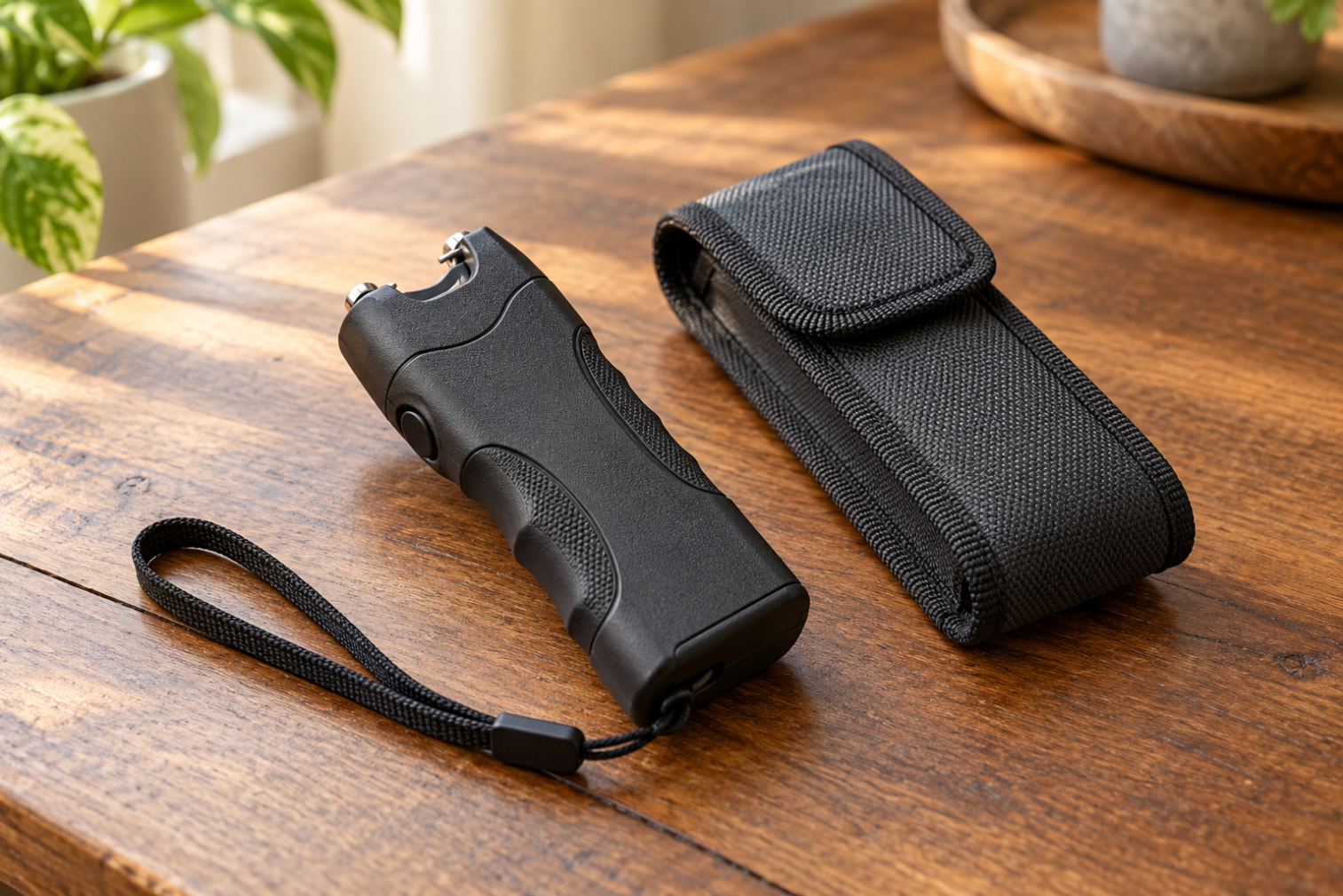 Compact black stun gun with a wrist strap and fabric carrying pouch resting on a wooden table.