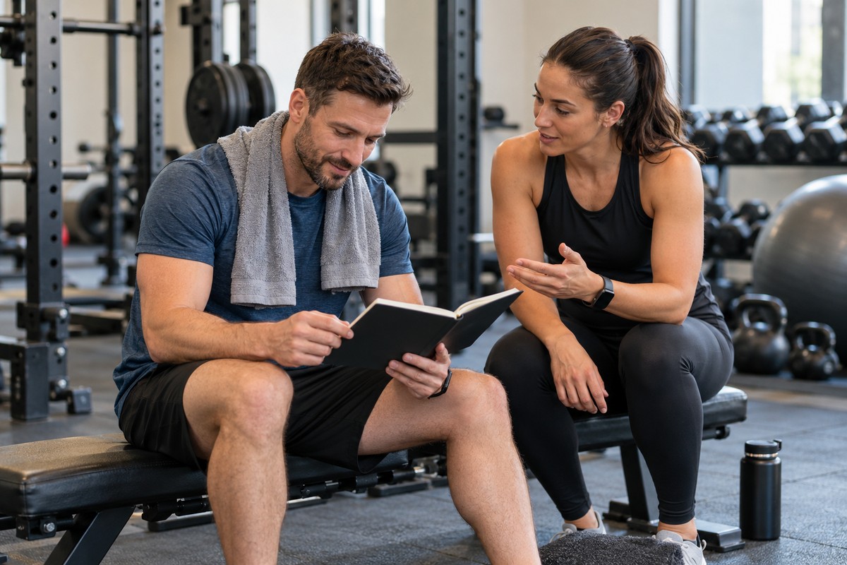 Track Your Fitness Progress Without Chasing Perfection Man reviewing a training journal with a fitness coach.
