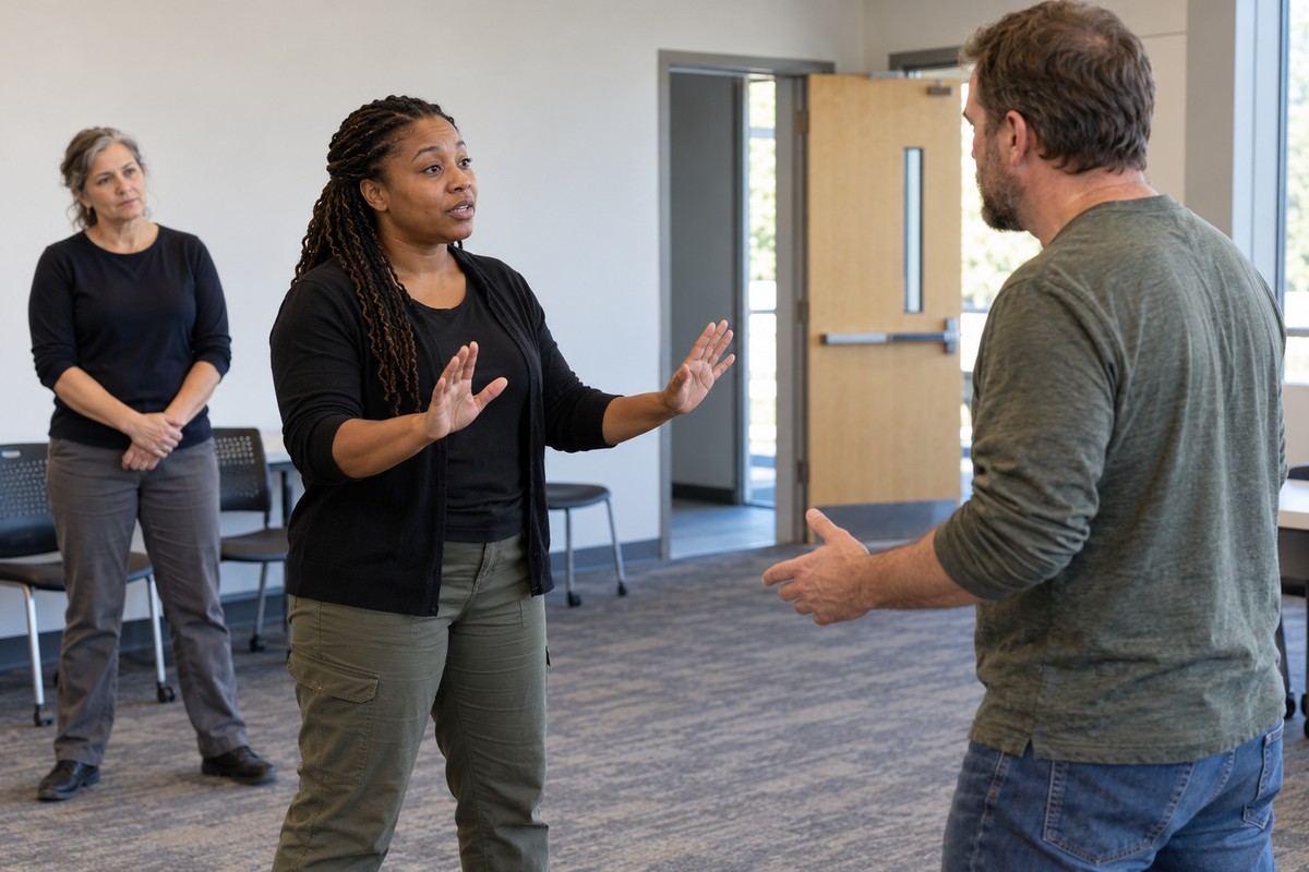 Woman practicing calm verbal boundaries with a partner while an instructor observes.