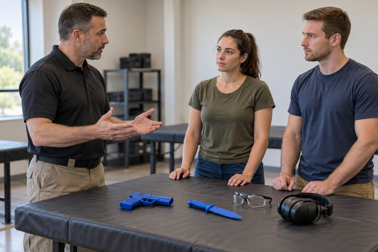 Instructor speaking with two adult learners beside inert blue training replicas, safety glasses, and hearing protection in a classroom.